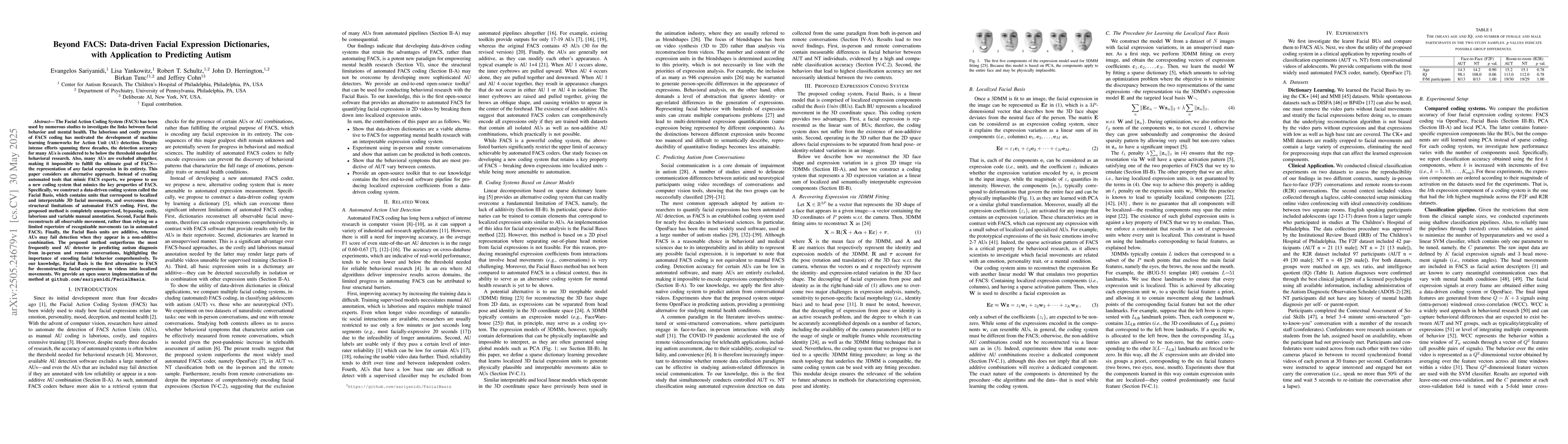 Thumbnail for Beyond FACS: Data-driven Facial Expression Dictionaries, with
  Application to Predicting Autism