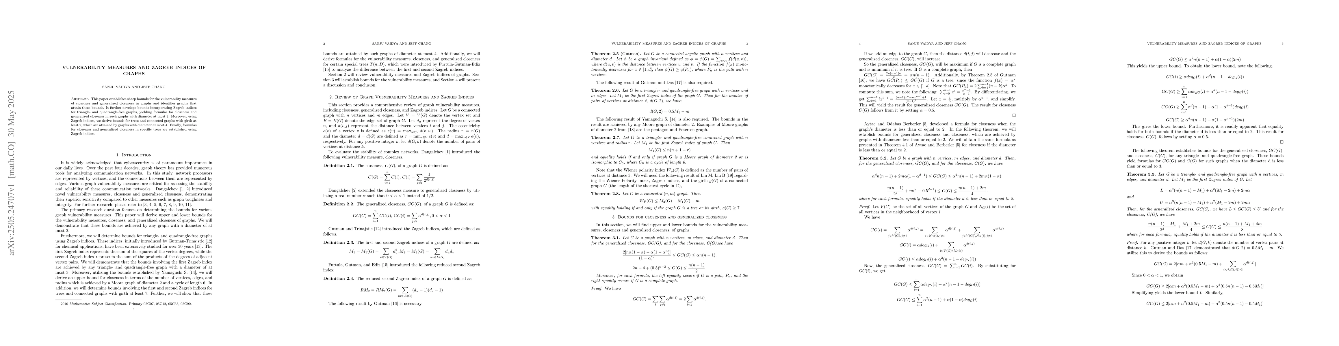 Thumbnail for Vulnerability Measures and Zagreb Indices of Graphs