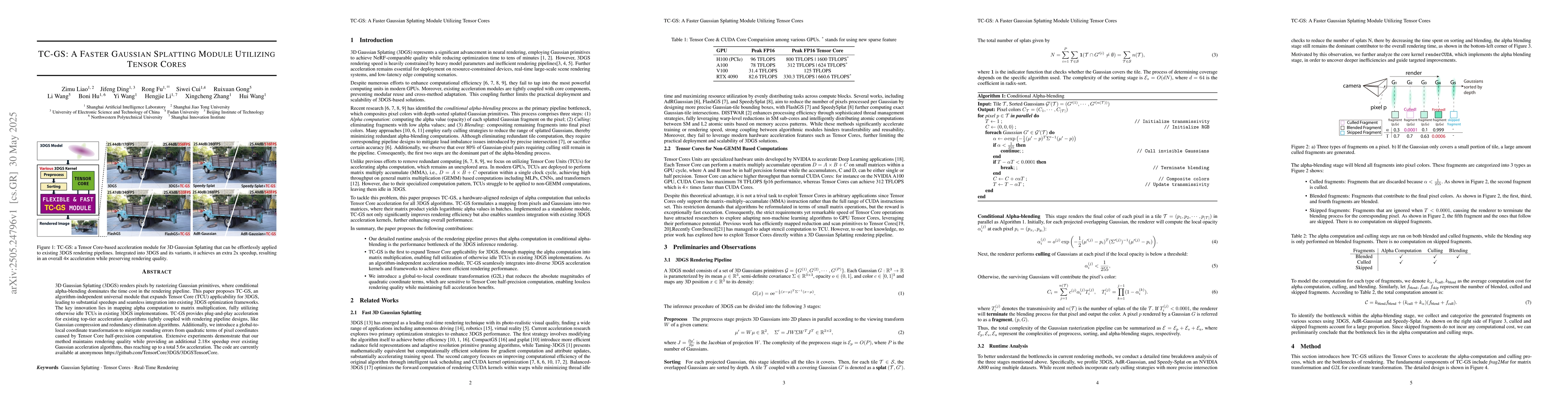 Thumbnail for TC-GS: A Faster Gaussian Splatting Module Utilizing Tensor Cores