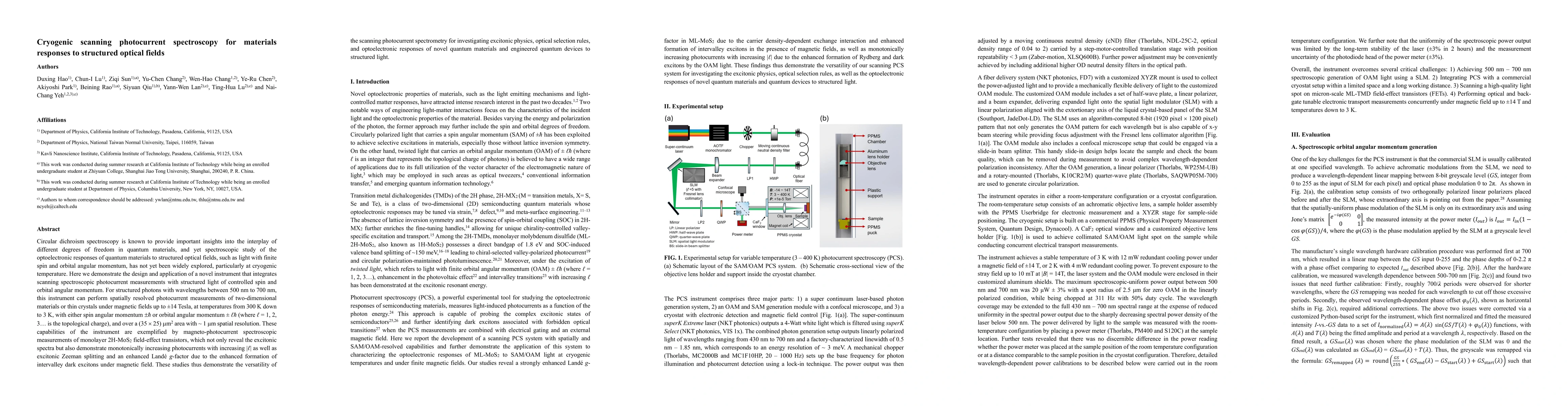 Thumbnail for Cryogenic scanning photocurrent spectroscopy for materials responses to
  structured optical fields