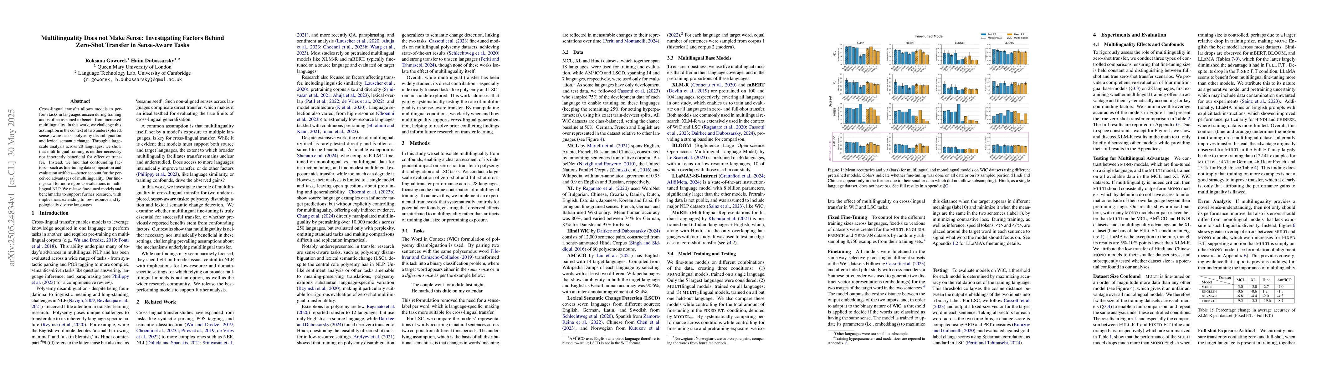 Thumbnail for Multilinguality Does not Make Sense: Investigating Factors Behind
  Zero-Shot Transfer in Sense-Aware Tasks