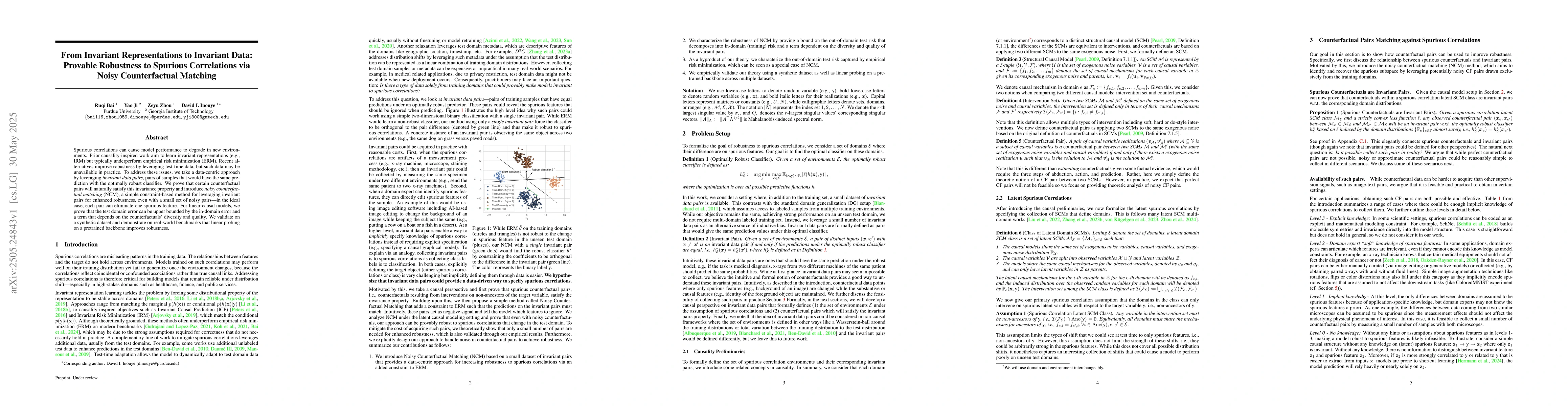Thumbnail for From Invariant Representations to Invariant Data: Provable Robustness to
  Spurious Correlations via Noisy Counterfactual Matching