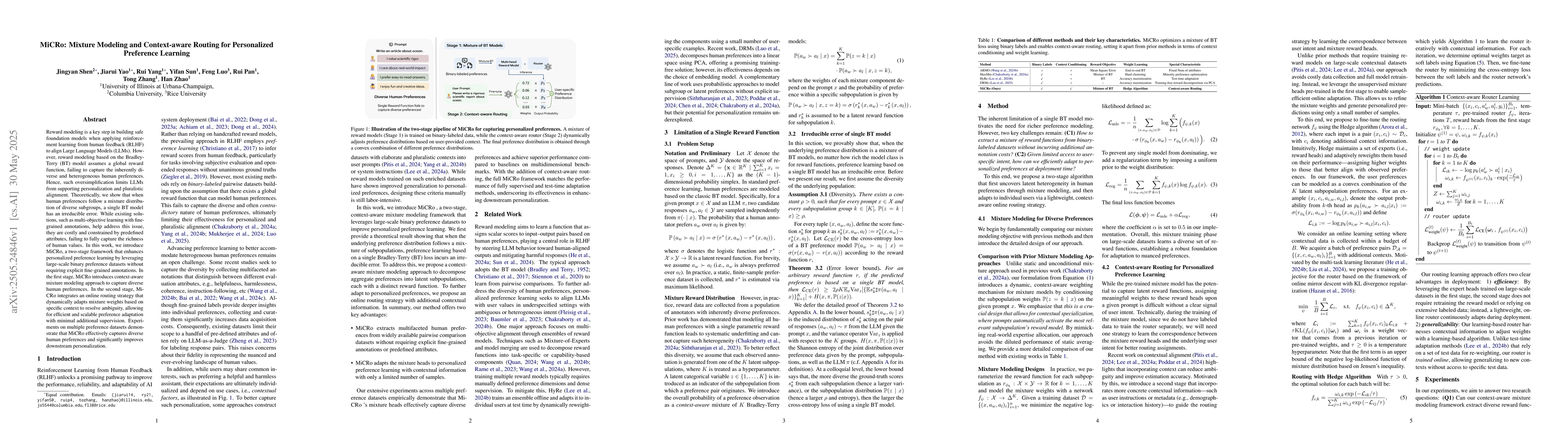 Thumbnail for MiCRo: Mixture Modeling and Context-aware Routing for Personalized
  Preference Learning