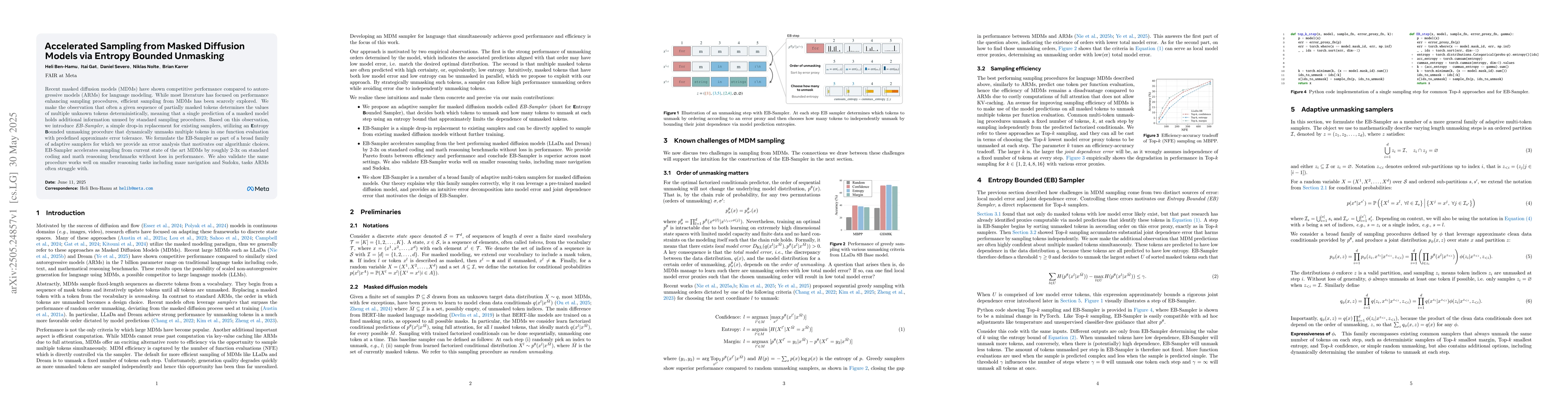Thumbnail for Accelerated Sampling from Masked Diffusion Models via Entropy Bounded
  Unmasking