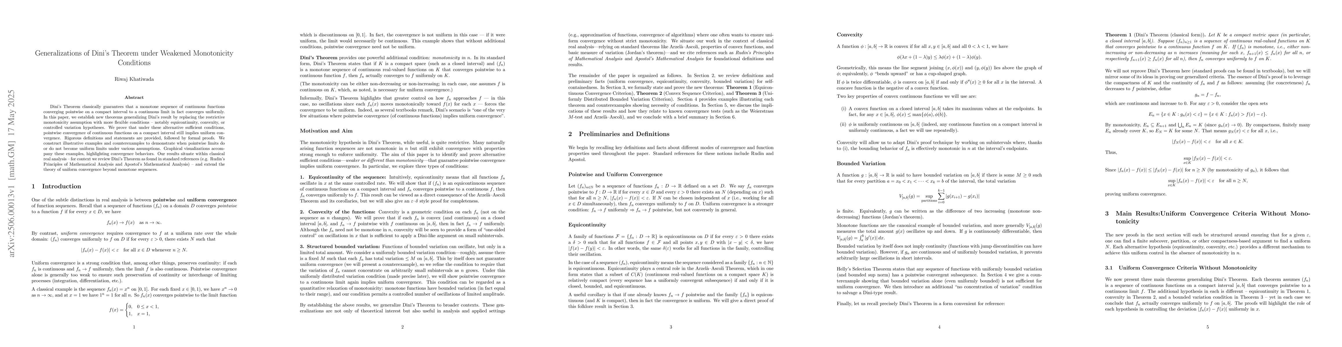 Thumbnail for Generalizations of Dini's Theorem under Weakened Monotonicity Conditions
