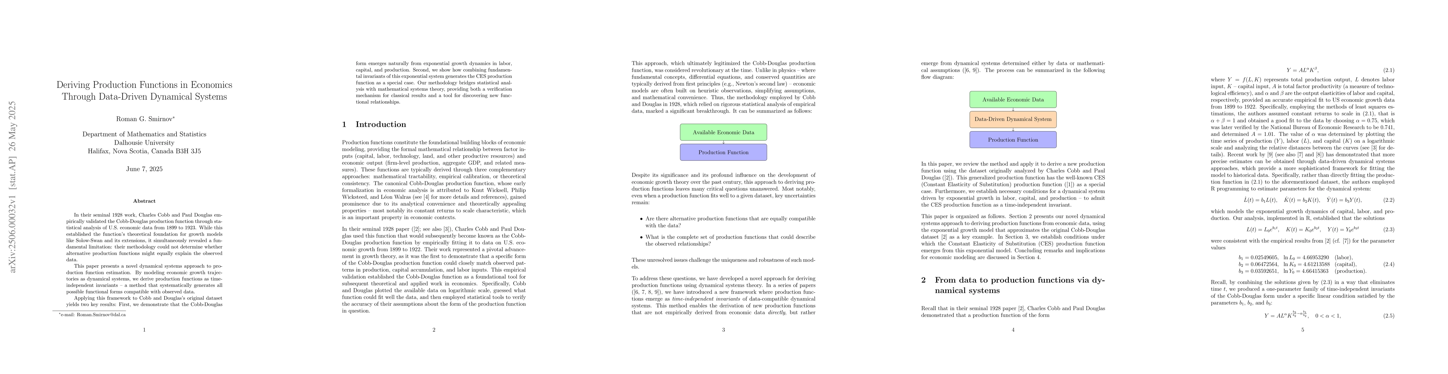 Thumbnail for Deriving Production Functions in Economics Through Data-Driven Dynamical
  Systems