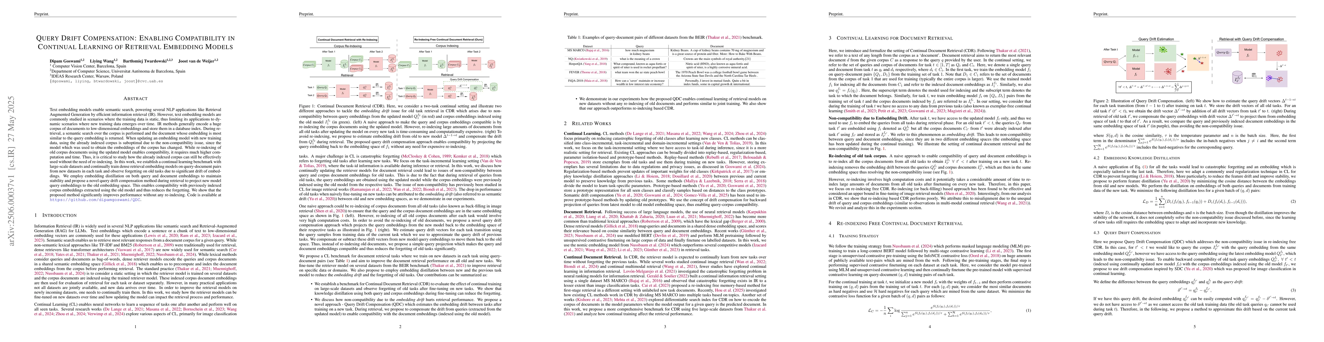 Thumbnail for Query Drift Compensation: Enabling Compatibility in Continual Learning
  of Retrieval Embedding Models