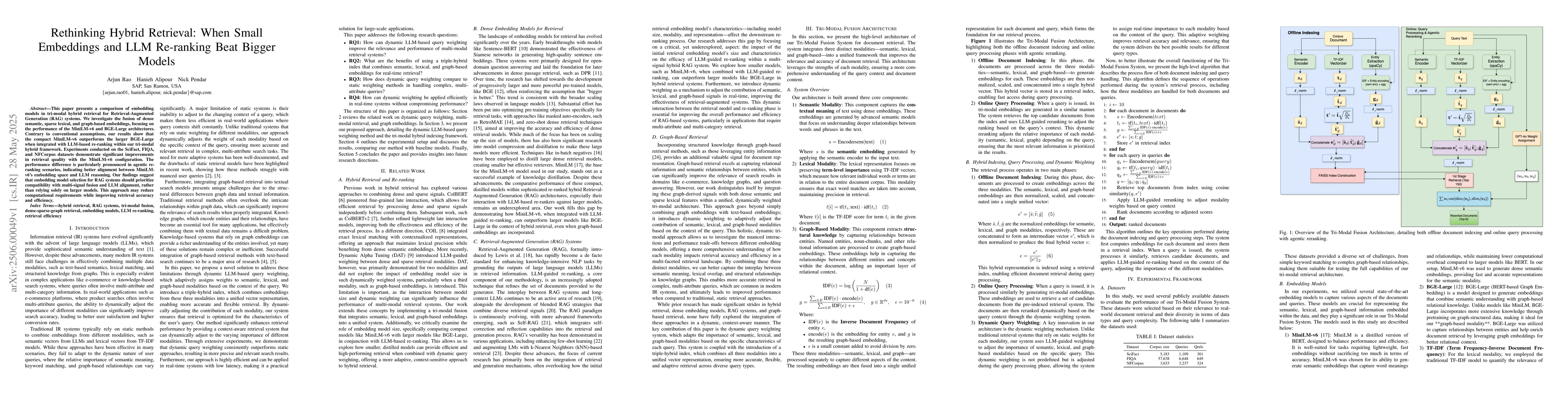 Thumbnail for Rethinking Hybrid Retrieval: When Small Embeddings and LLM Re-ranking
  Beat Bigger Models