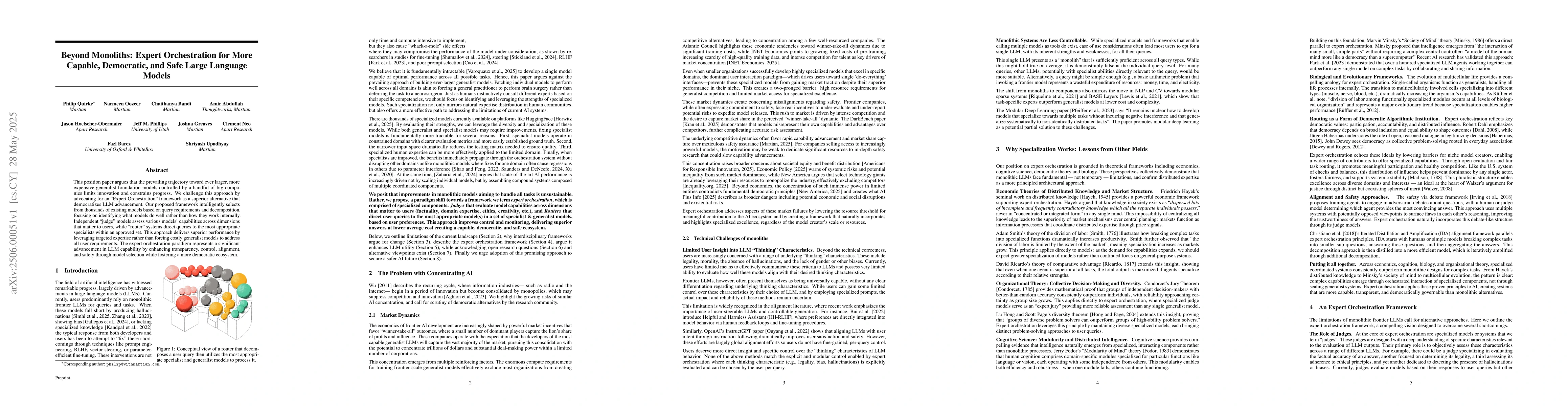 Thumbnail for Beyond Monoliths: Expert Orchestration for More Capable, Democratic, and
  Safe Large Language Models