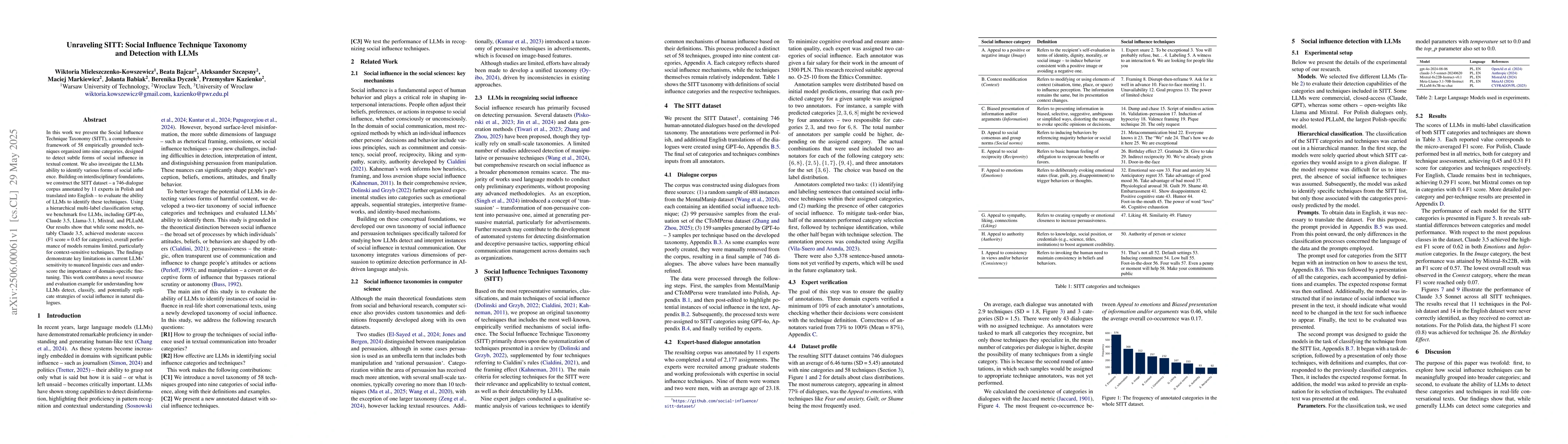 Thumbnail for Unraveling SITT: Social Influence Technique Taxonomy and Detection with
  LLMs