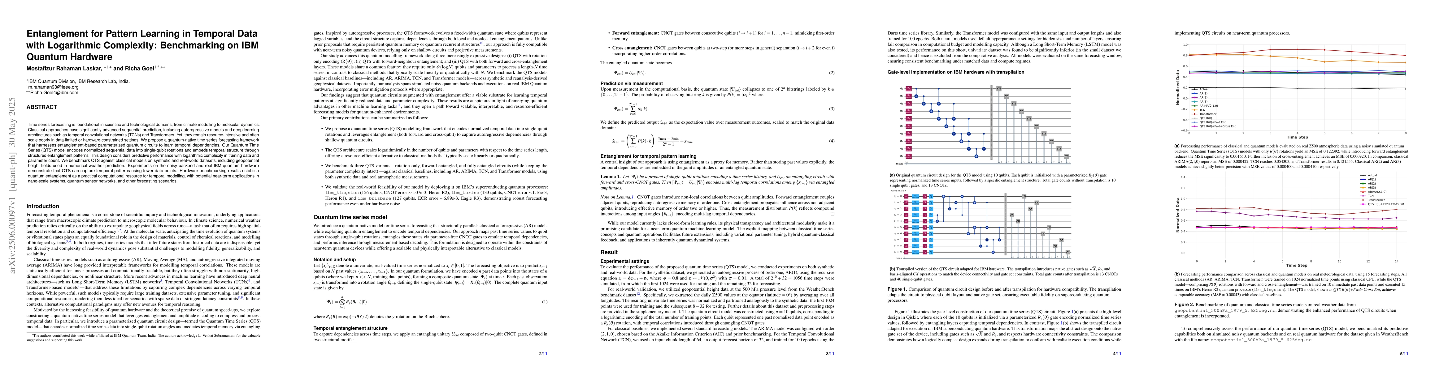 Thumbnail for Entanglement for Pattern Learning in Temporal Data with Logarithmic
  Complexity: Benchmarking on IBM Quantum Hardware
