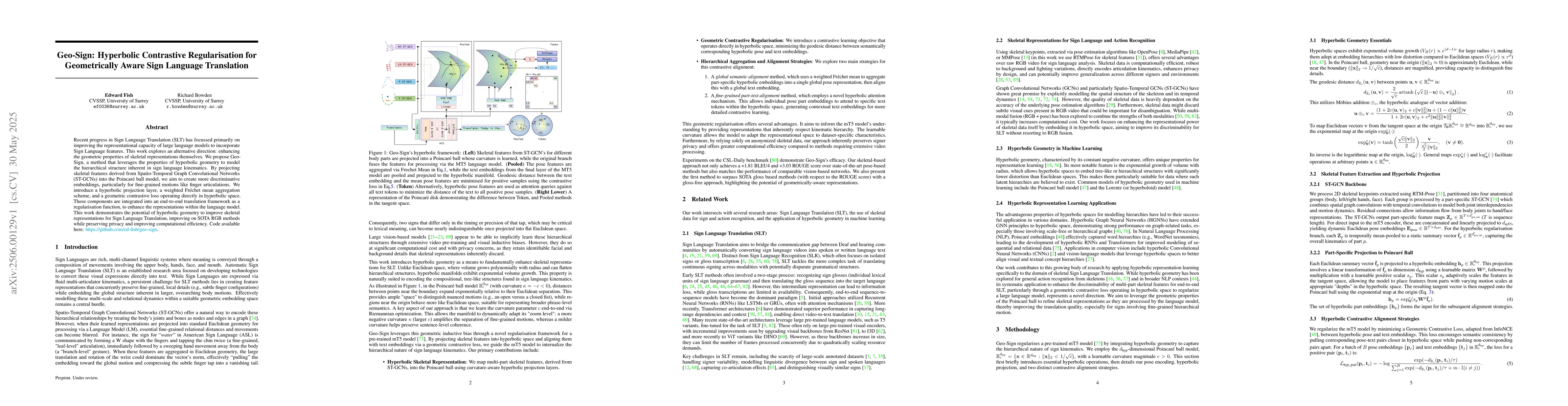 Thumbnail for Geo-Sign: Hyperbolic Contrastive Regularisation for Geometrically Aware
  Sign Language Translation