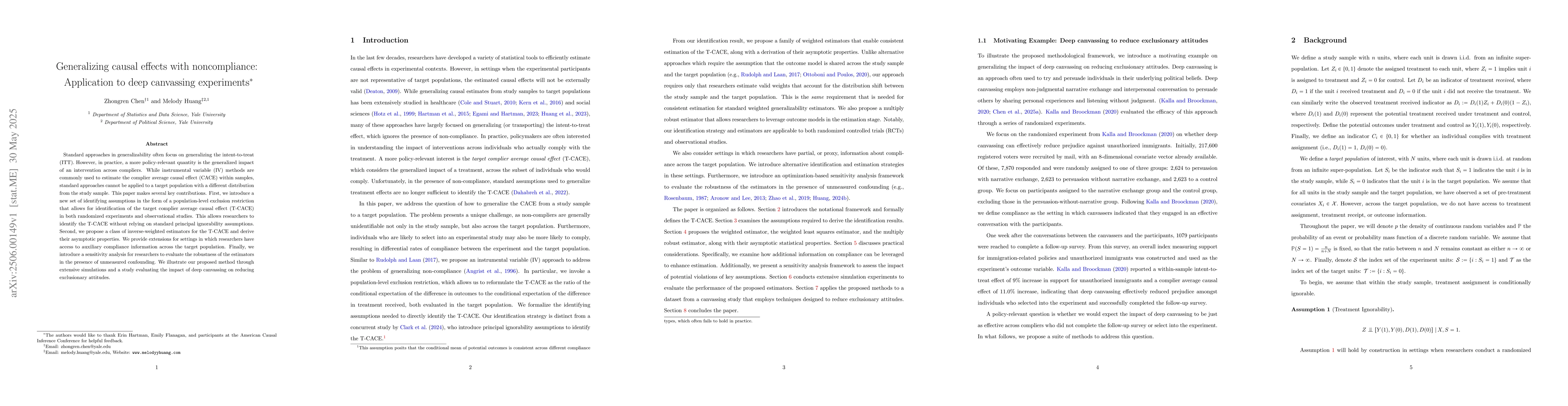 Thumbnail for Generalizing causal effects with noncompliance: Application to deep
  canvassing experiments