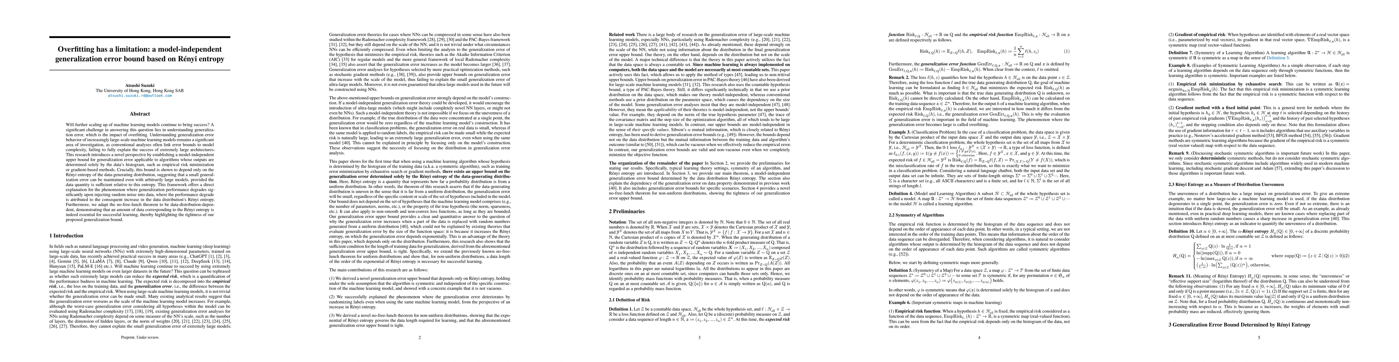 Thumbnail for Overfitting has a limitation: a model-independent generalization error
  bound based on Rényi entropy