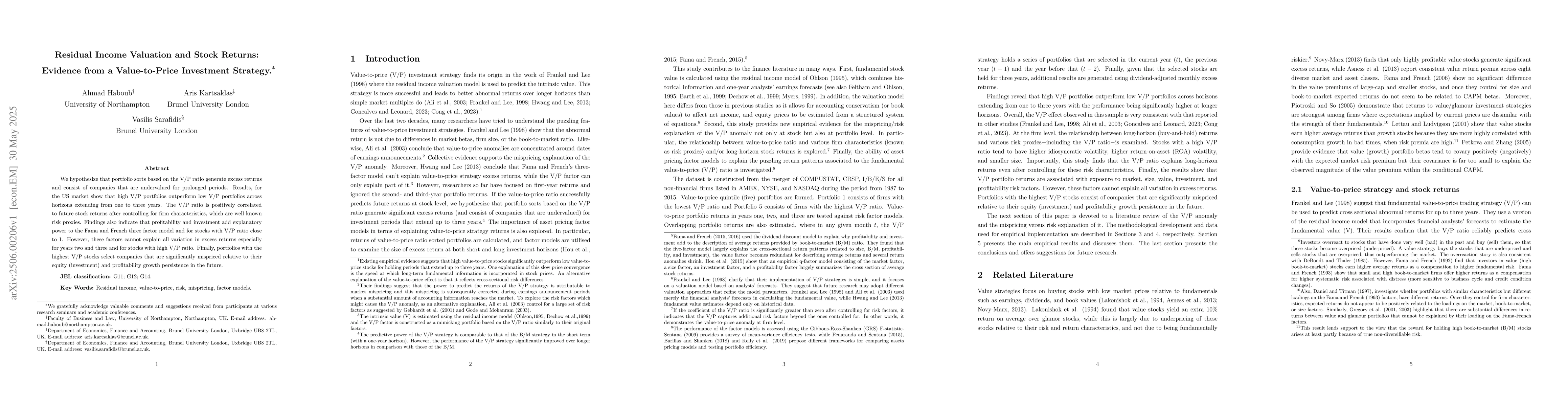 Thumbnail for Residual Income Valuation and Stock Returns: Evidence from a
  Value-to-Price Investment Strategy
