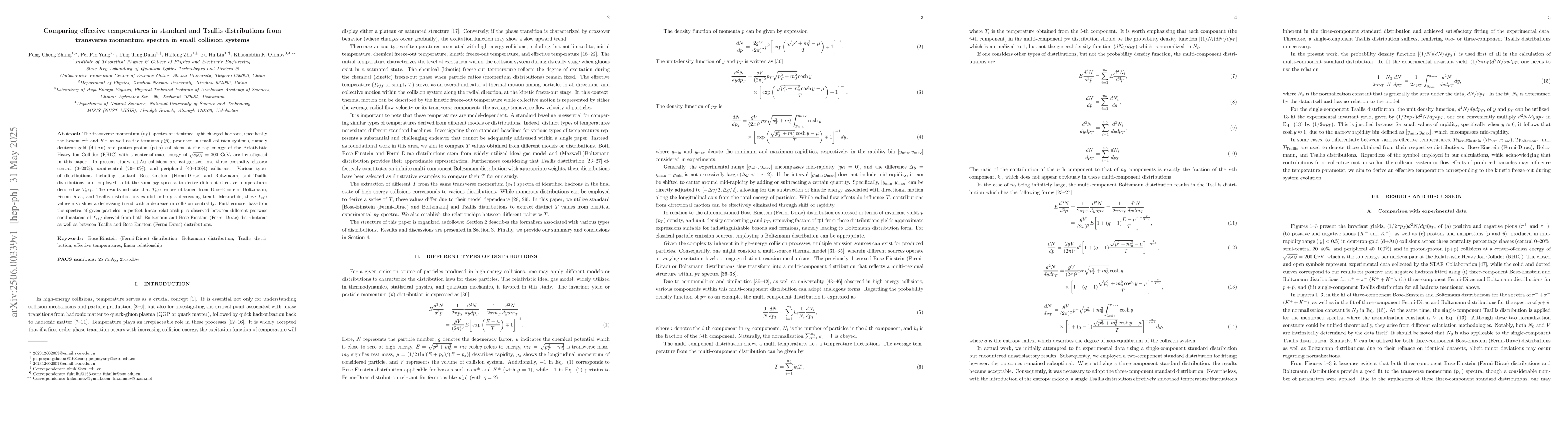 Thumbnail for Comparing effective temperatures in standard and Tsallis distributions
  from transverse momentum spectra in small collision systems