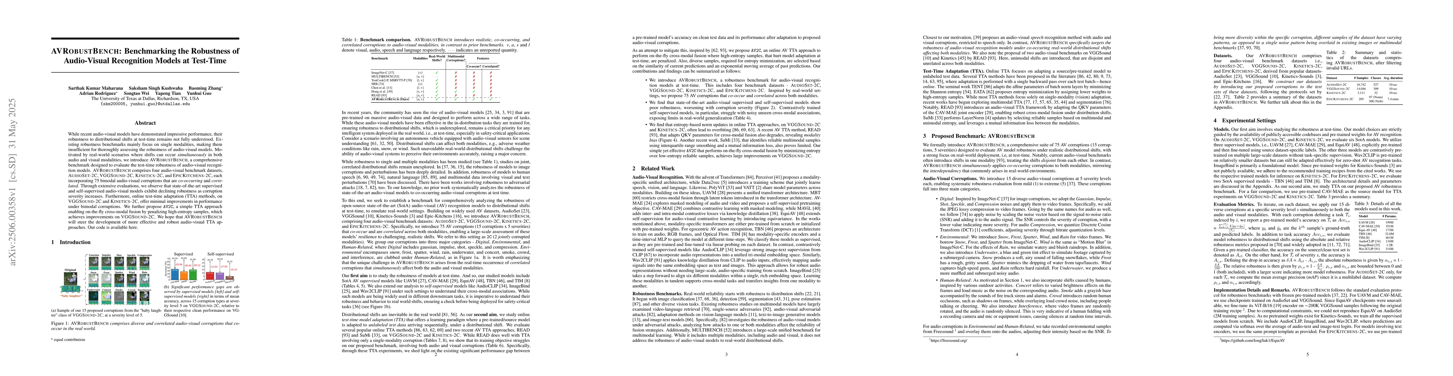 Thumbnail for $\texttt{AVROBUSTBENCH}$: Benchmarking the Robustness of Audio-Visual
  Recognition Models at Test-Time