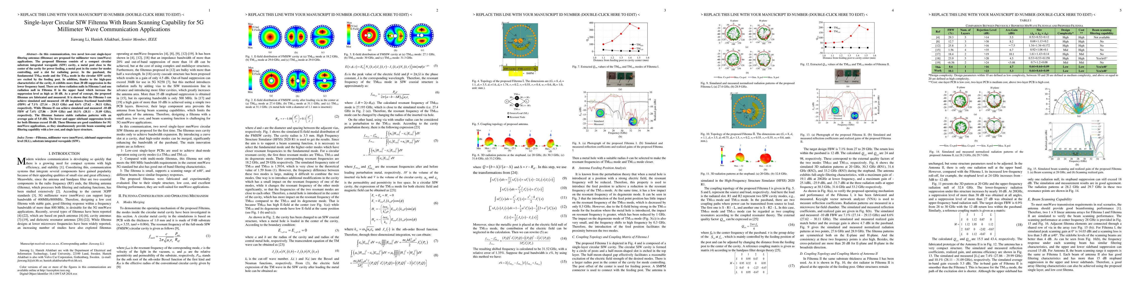 Thumbnail for Single-layer Circular SIW Filtenna With Beam Scanning Capability for 5G
  Millimeter Wave Communication Applications