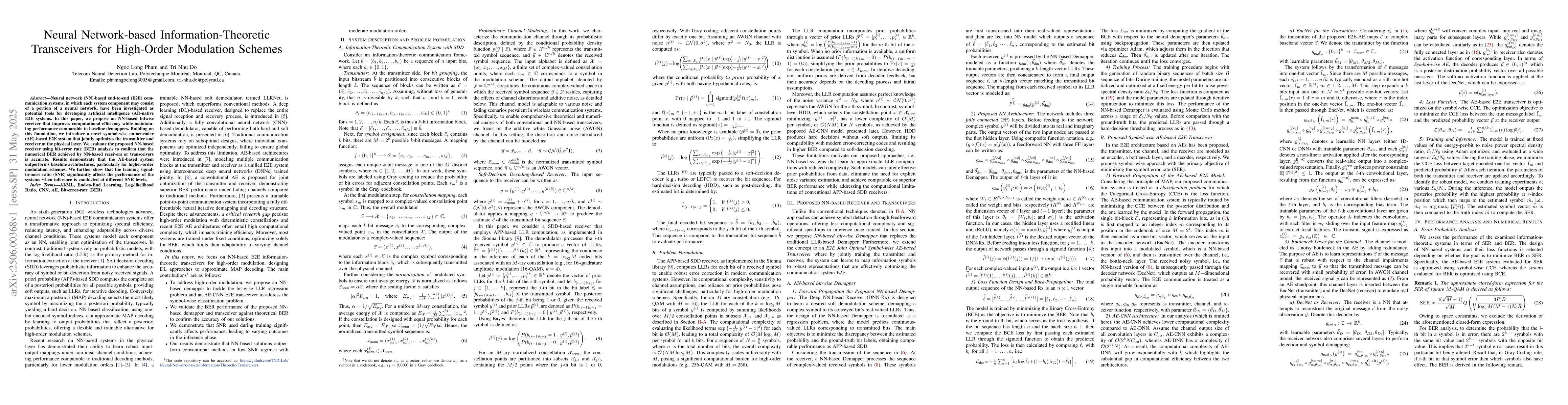 Thumbnail for Neural Network-based Information-Theoretic Transceivers for High-Order
  Modulation Schemes