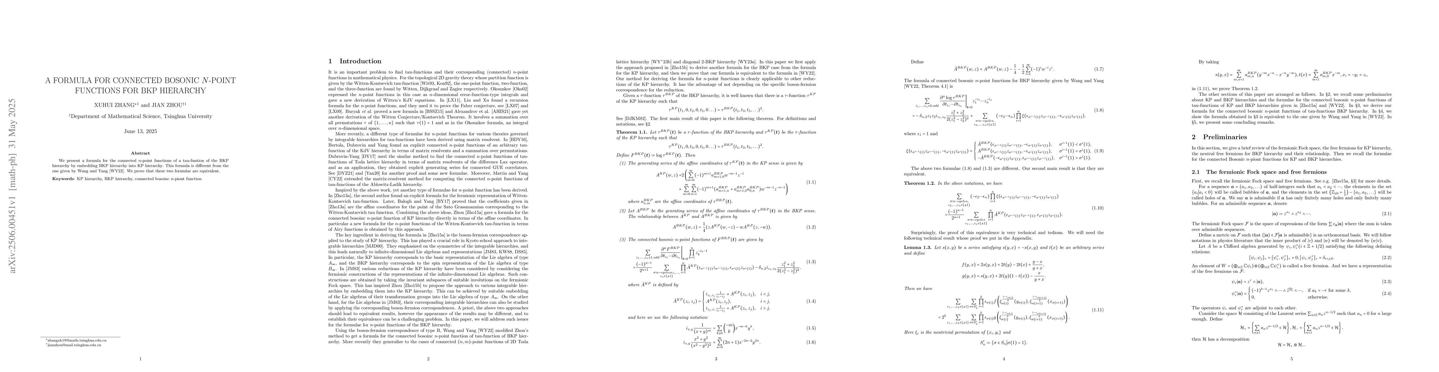 Thumbnail for A Formula for Connected Bosonic \(n\)-Point Functions for the BKP
  Hierarchy