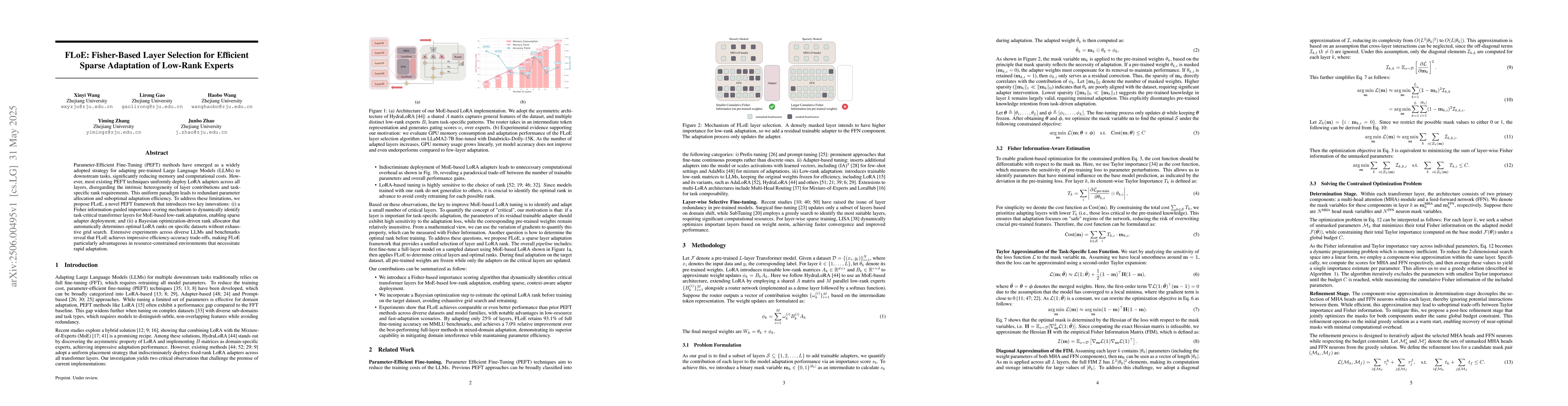 Thumbnail for FLoE: Fisher-Based Layer Selection for Efficient Sparse Adaptation of
  Low-Rank Experts
