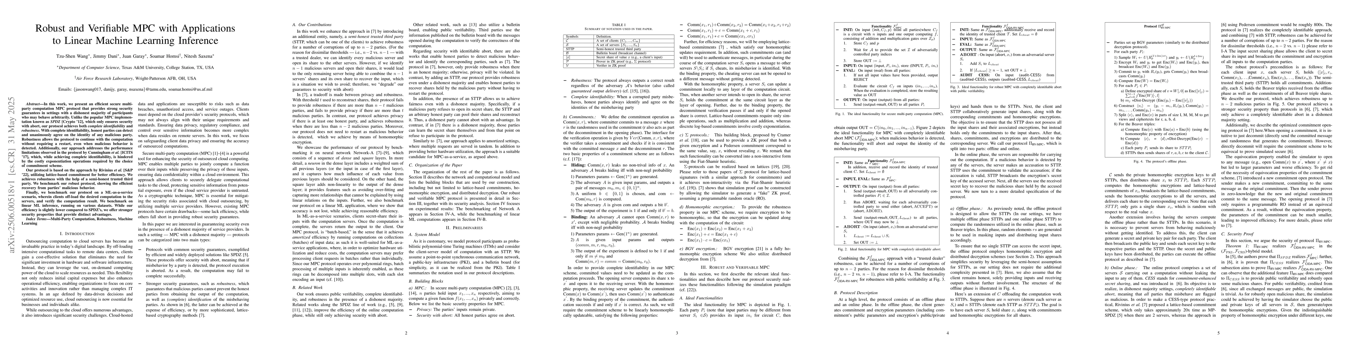 Thumbnail for Robust and Verifiable MPC with Applications to Linear Machine Learning
  Inference