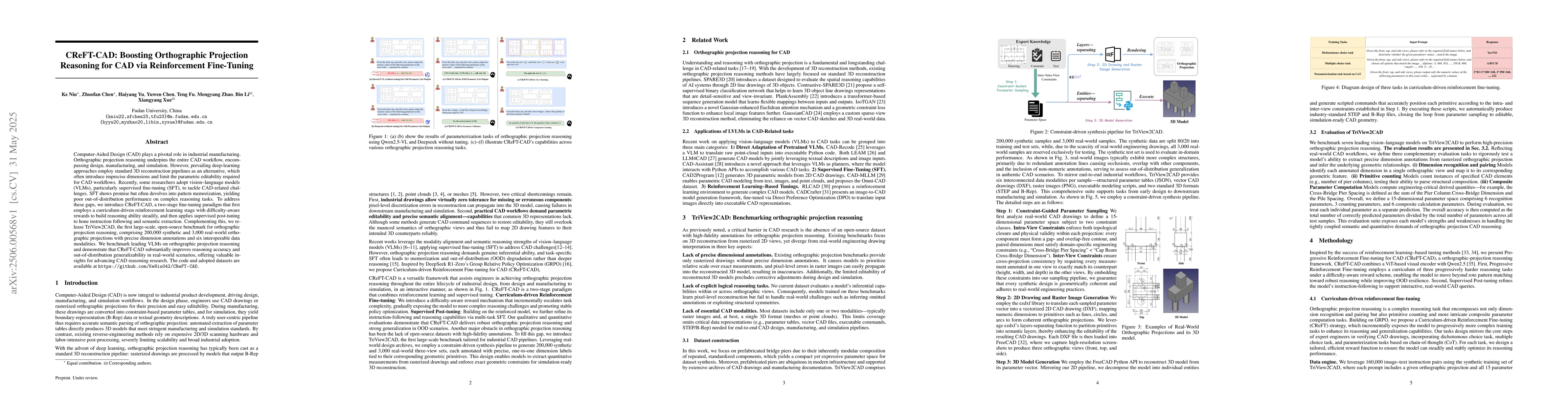 Thumbnail for CReFT-CAD: Boosting Orthographic Projection Reasoning for CAD via
  Reinforcement Fine-Tuning