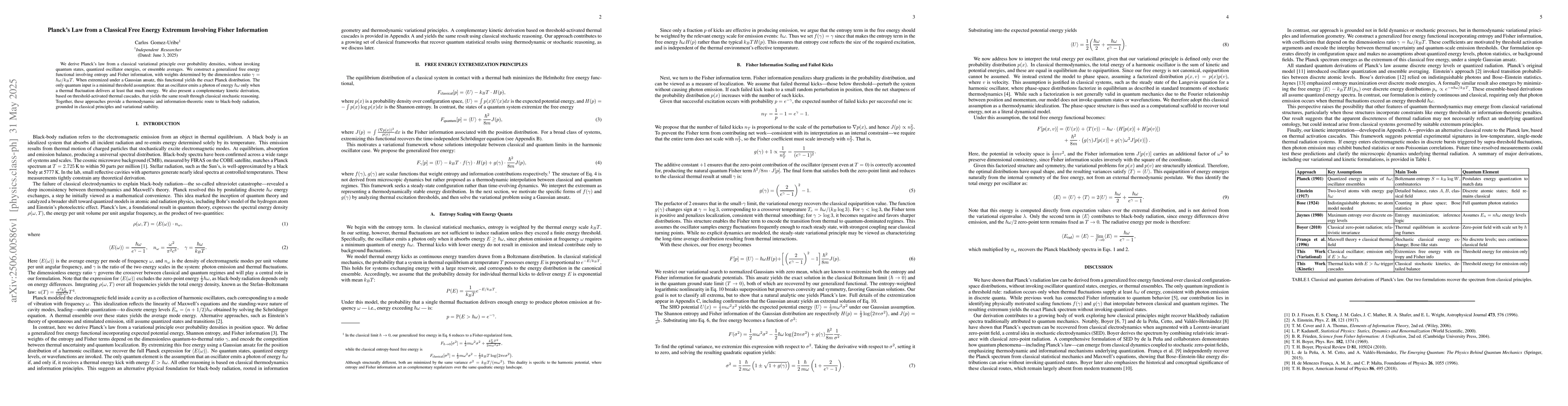 Thumbnail for Planck Law from a Classical Free Energy Extremum Involving Fisher
  Information