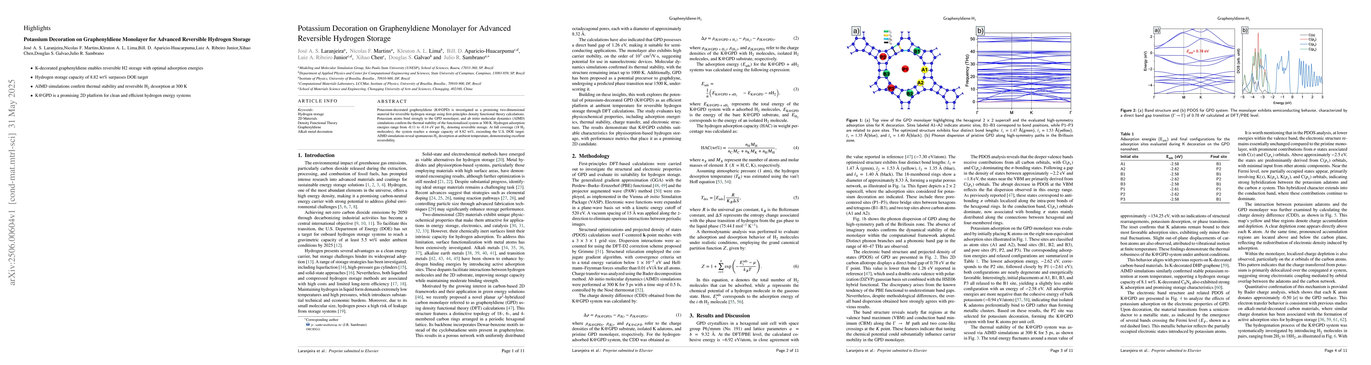 Thumbnail for Potassium Decoration on Graphenyldiene Monolayer for Advanced Reversible
  Hydrogen Storage