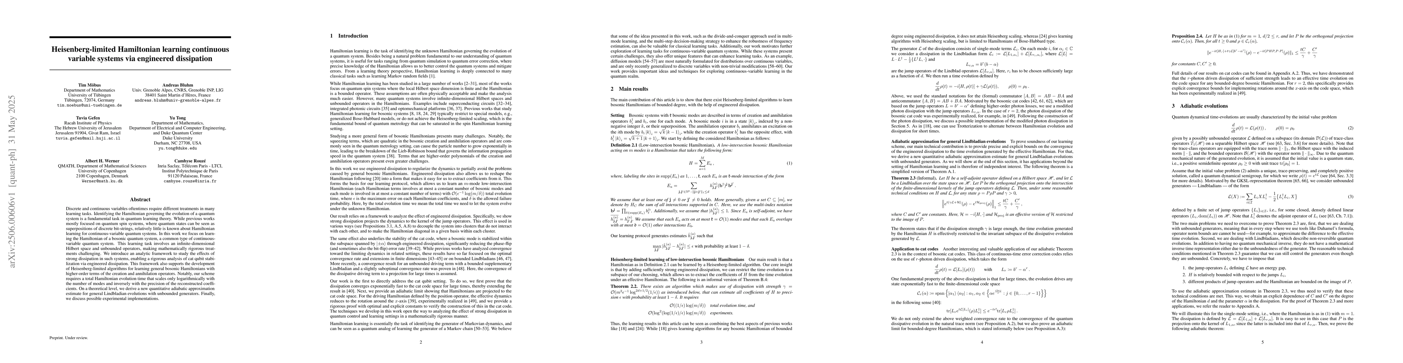 Thumbnail for Heisenberg-limited Hamiltonian learning continuous variable systems via
  engineered dissipation