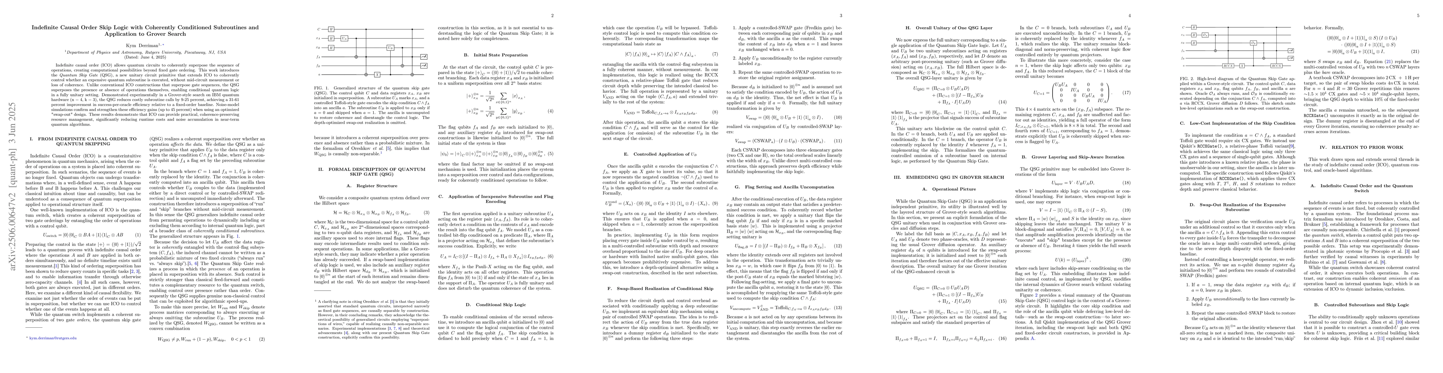 Thumbnail for Indefinite Causal Order Skip Logic with Coherently Conditioned
  Subroutines and Application to Grover Search