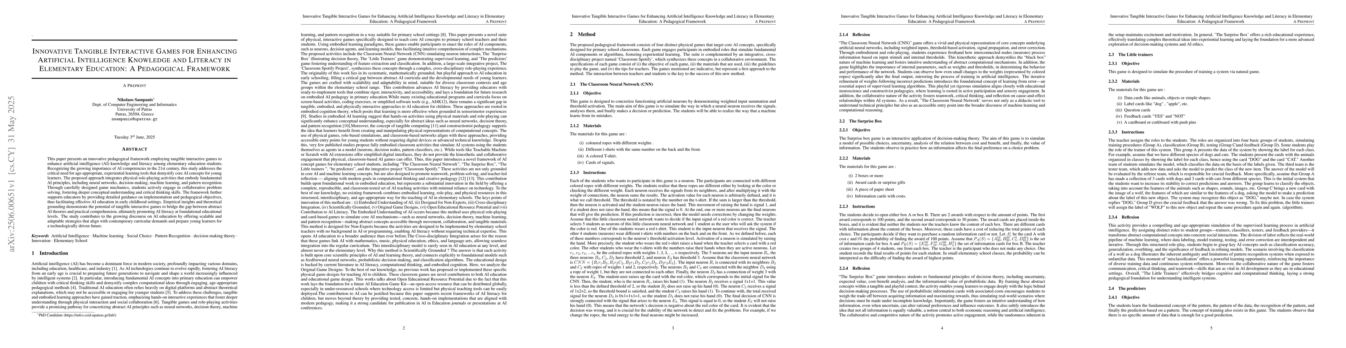 Thumbnail for Innovative Tangible Interactive Games for Enhancing Artificial
  Intelligence Knowledge and Literacy in Elementary Education: A Pedagogical
  Framework