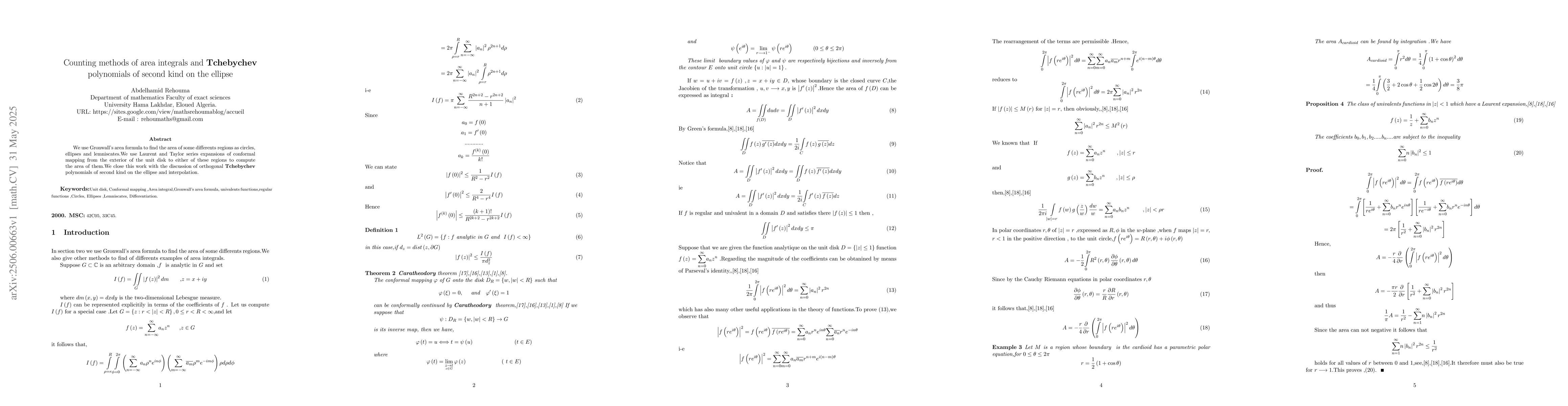 Thumbnail for Counting methods of area integrals and Tchebychev polynomials of second
  kind on the ellipse