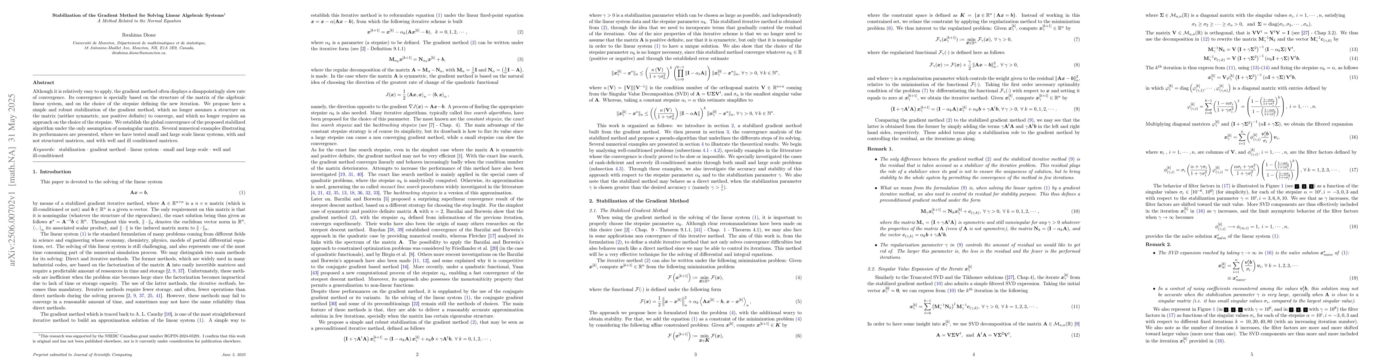 Thumbnail for Stabilization of the Gradient Method for Solving Linear Algebraic
  Systems -- A Method Related to the Normal Equation