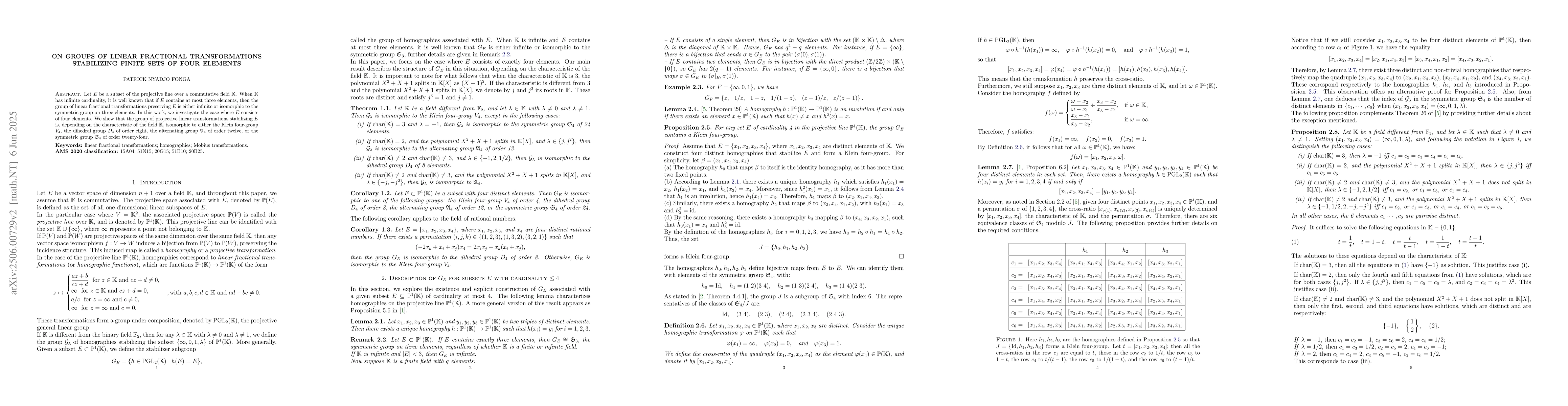 Thumbnail for On Groups of Linear Fractional Transformations Stabilizing Finite Sets
  of Four Elements