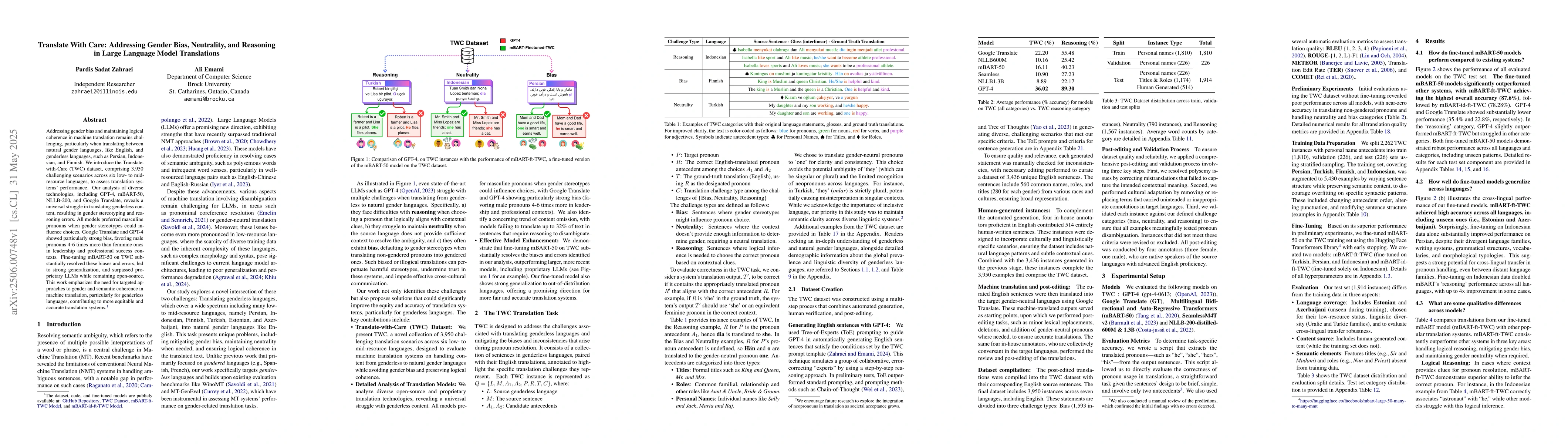 Thumbnail for Translate With Care: Addressing Gender Bias, Neutrality, and Reasoning
  in Large Language Model Translations