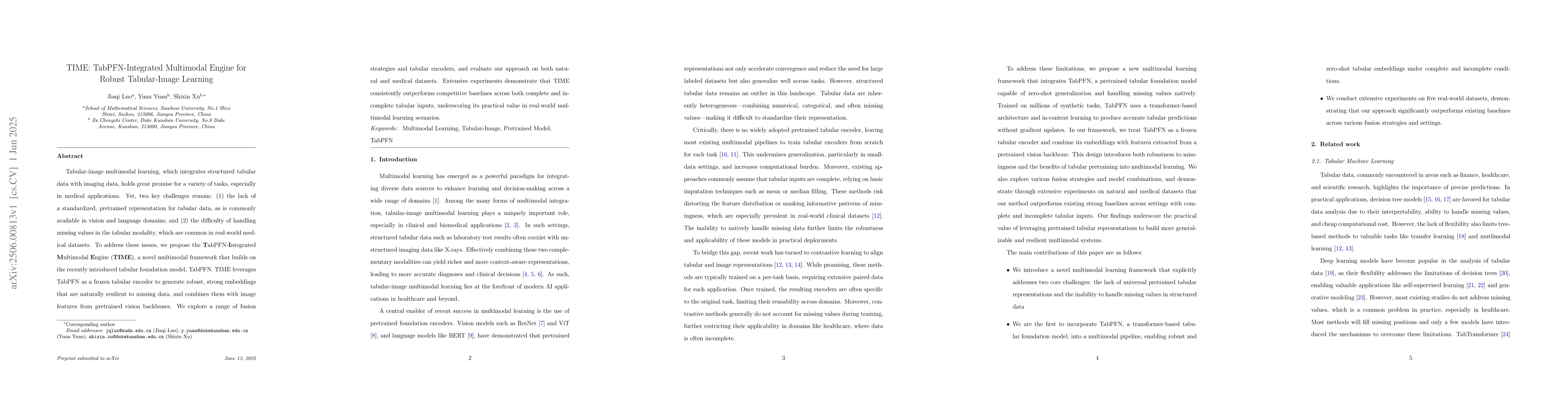 Thumbnail for TIME: TabPFN-Integrated Multimodal Engine for Robust Tabular-Image
  Learning