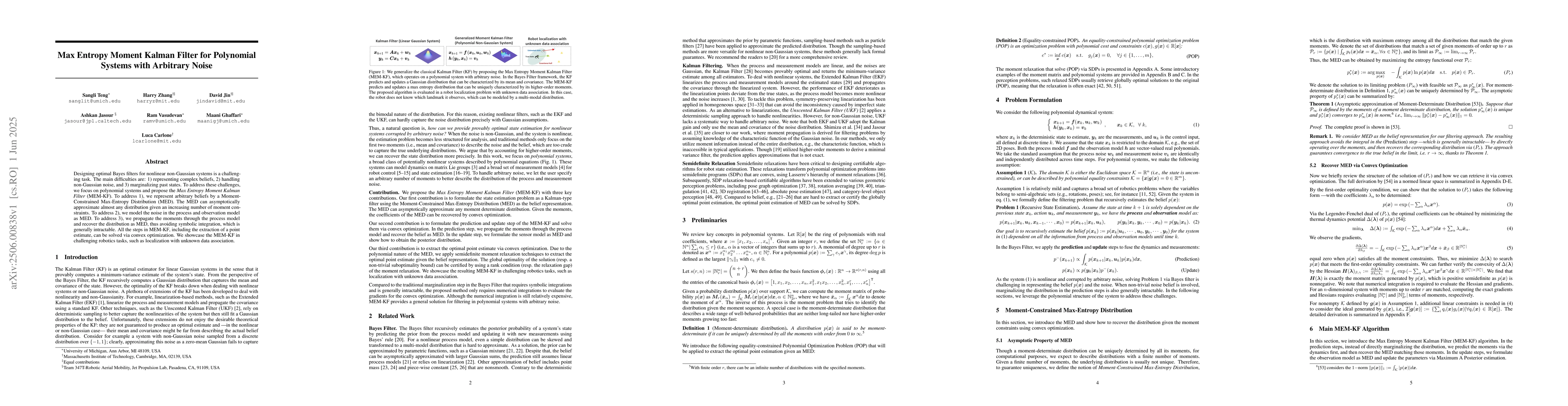 Thumbnail for Max Entropy Moment Kalman Filter for Polynomial Systems with Arbitrary
  Noise