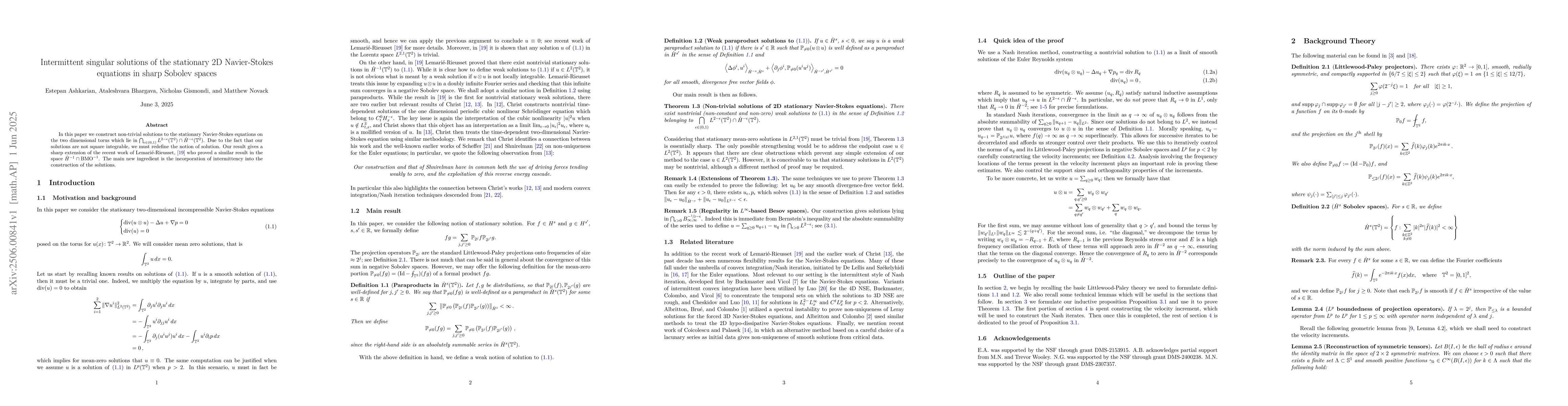 Thumbnail for Intermittent singular solutions of the stationary 2D Navier-Stokes
  equations in sharp Sobolev spaces