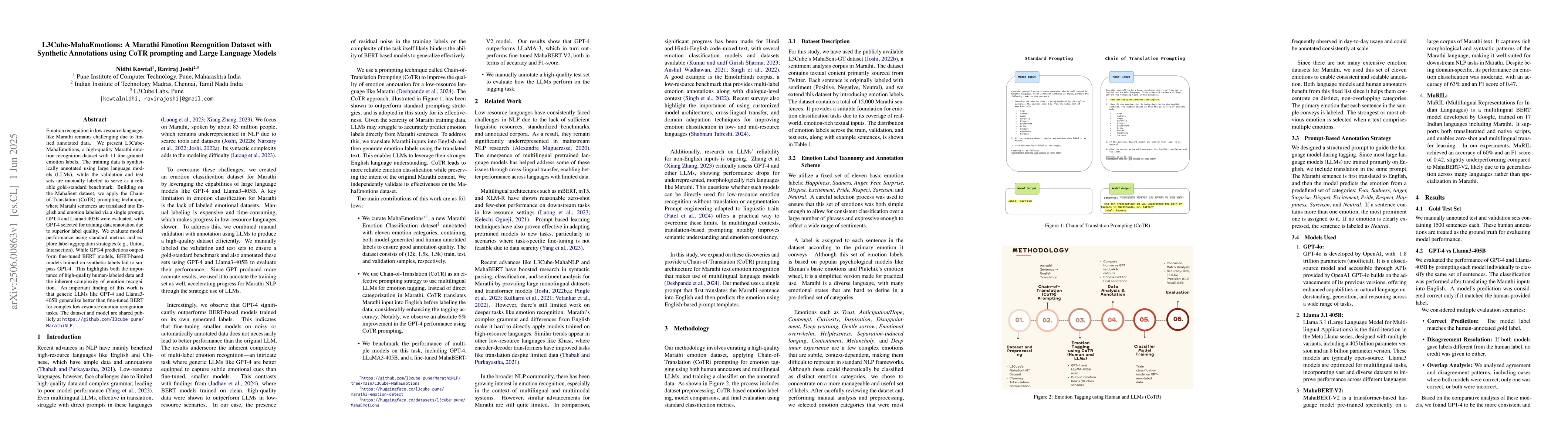 Thumbnail for L3Cube-MahaEmotions: A Marathi Emotion Recognition Dataset with
  Synthetic Annotations using CoTR prompting and Large Language Models