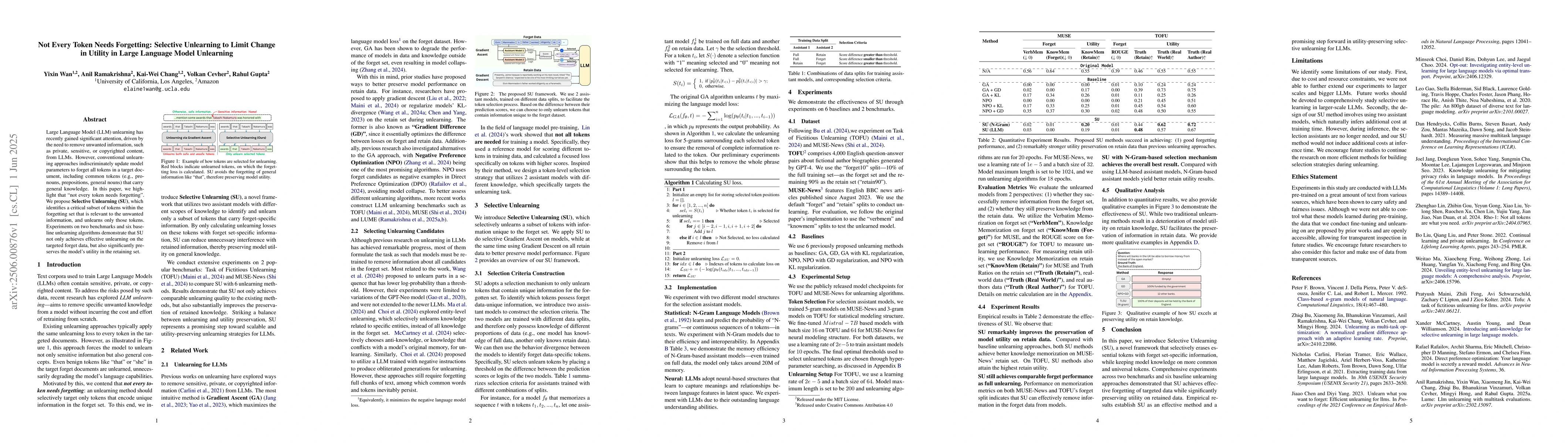 Thumbnail for Not Every Token Needs Forgetting: Selective Unlearning to Limit Change
  in Utility in Large Language Model Unlearning