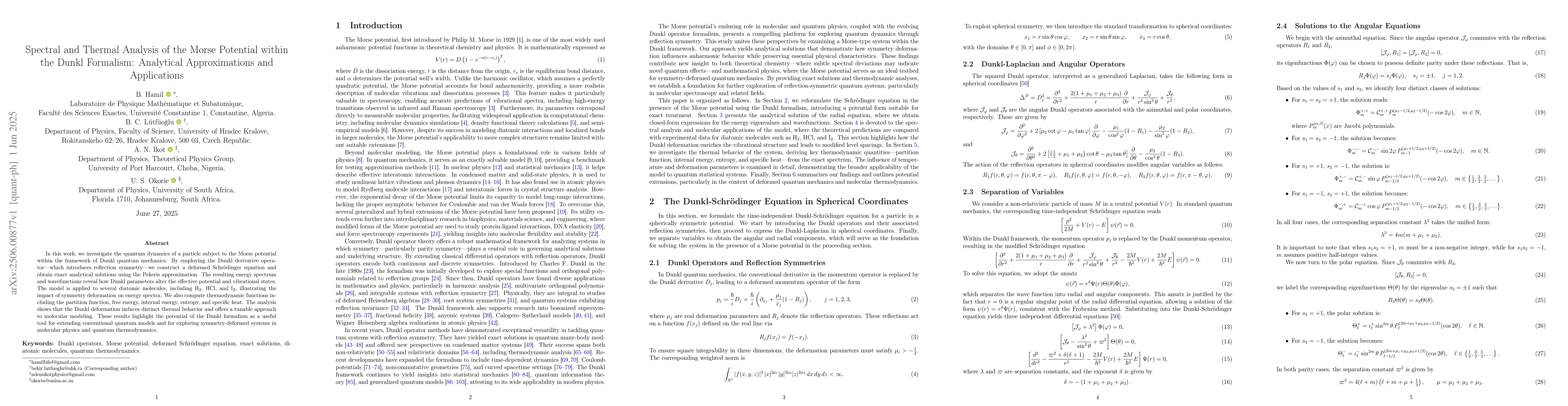 Thumbnail for Spectral and Thermal Analysis of the Morse Potential within the Dunkl
  Formalism: Analytical Approximations and Applications