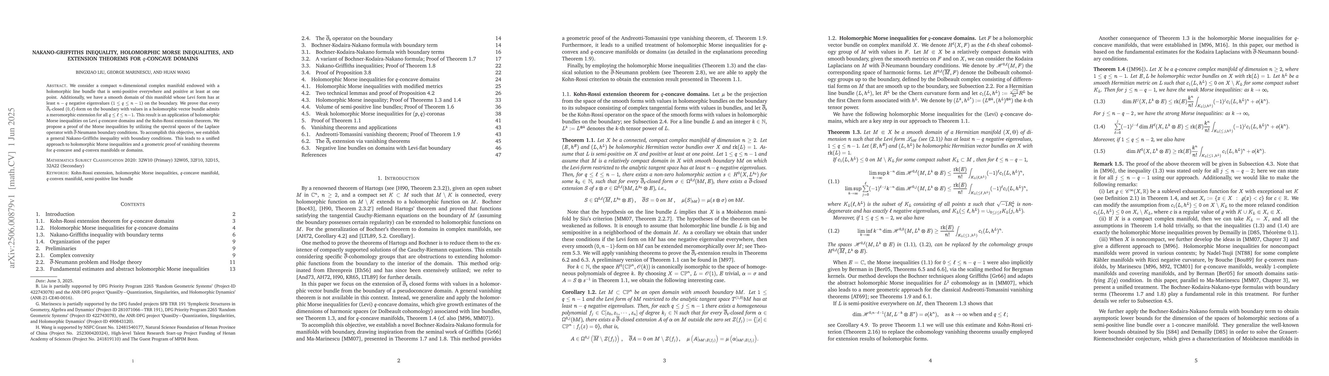 Thumbnail for Nakano-Griffiths inequality, holomorphic Morse inequalities, and
  extension theorems for $q$-concave domains