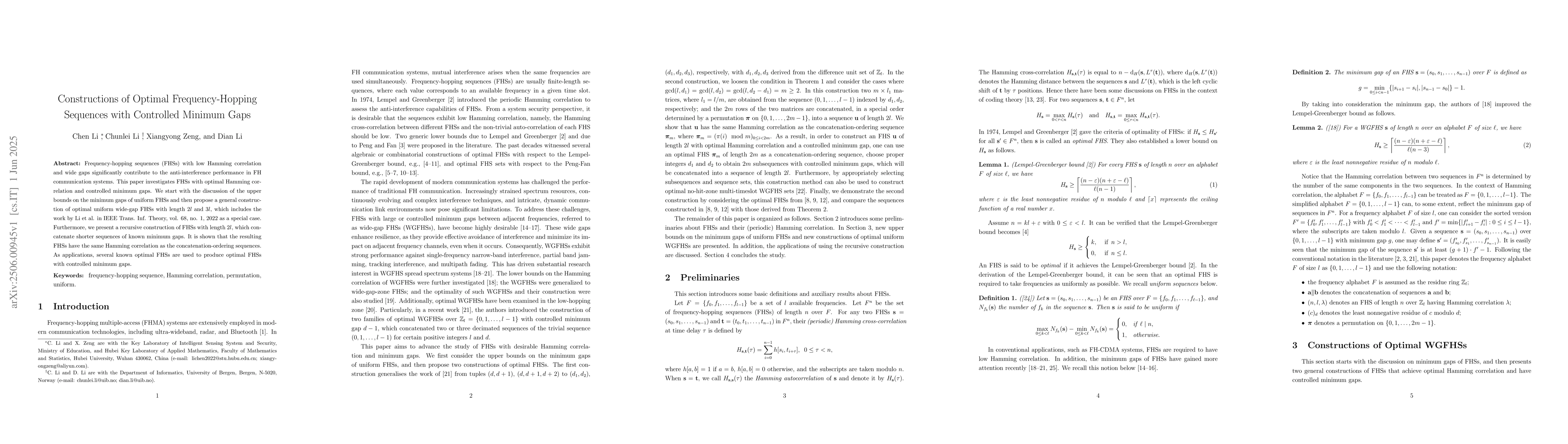 Thumbnail for Constructions of Optimal Frequency-Hopping Sequences with Controlled
  Minimum Gaps