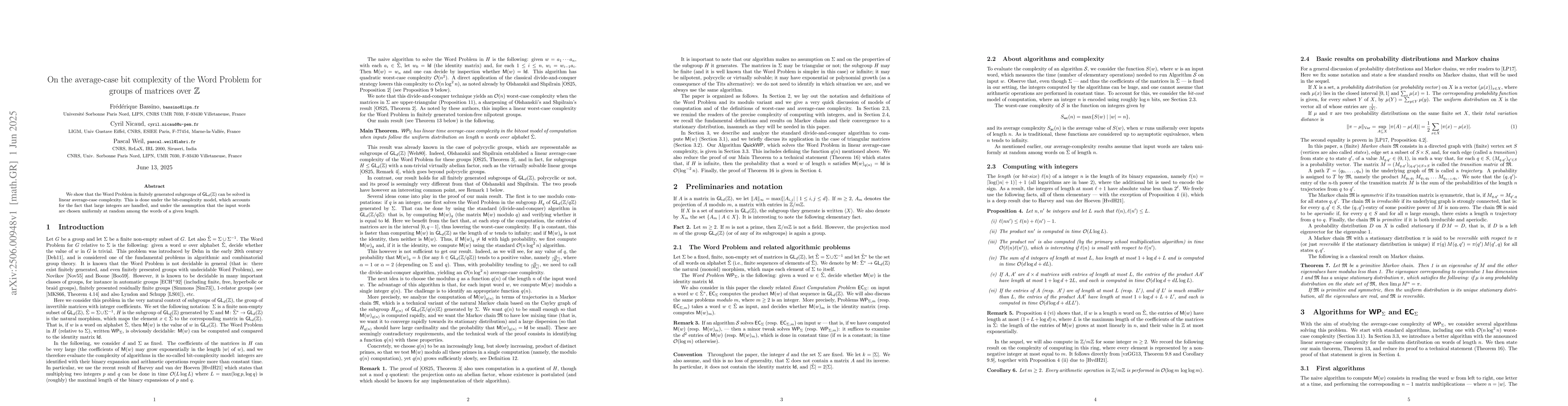 Thumbnail for On the average-case bit complexity of the Word Problem for groups of
  matrices over $\mathbb{Z}$