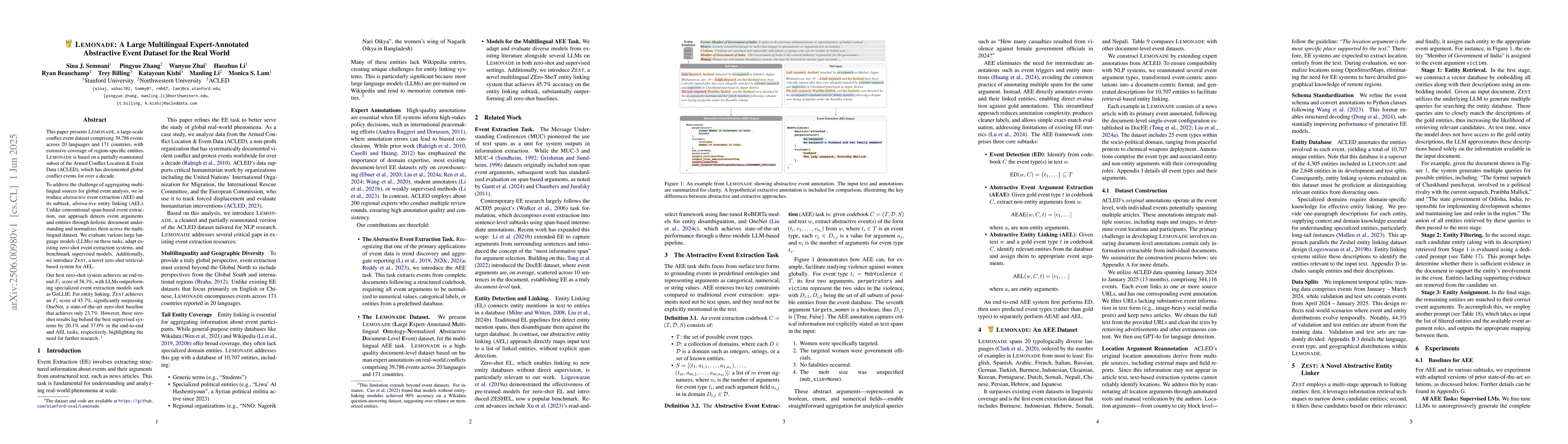 Thumbnail for LEMONADE: A Large Multilingual Expert-Annotated Abstractive Event
  Dataset for the Real World