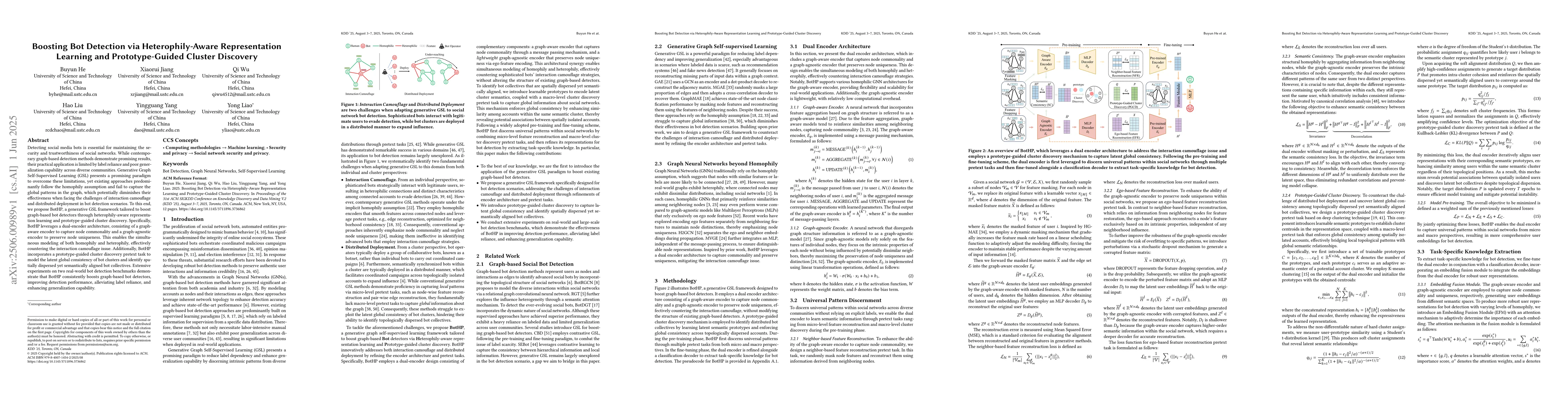 Thumbnail for Boosting Bot Detection via Heterophily-Aware Representation Learning and
  Prototype-Guided Cluster Discovery