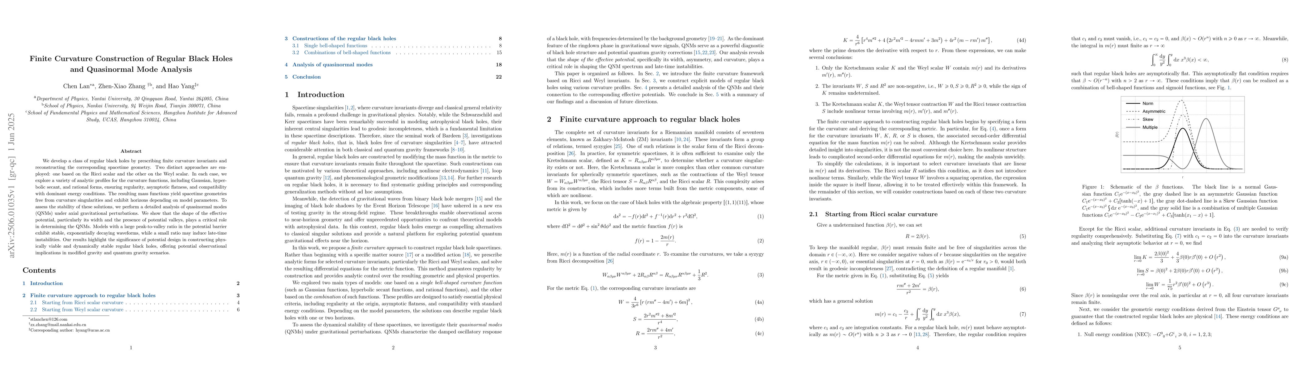 Thumbnail for Finite Curvature Construction of Regular Black Holes and Quasinormal
  Mode Analysis