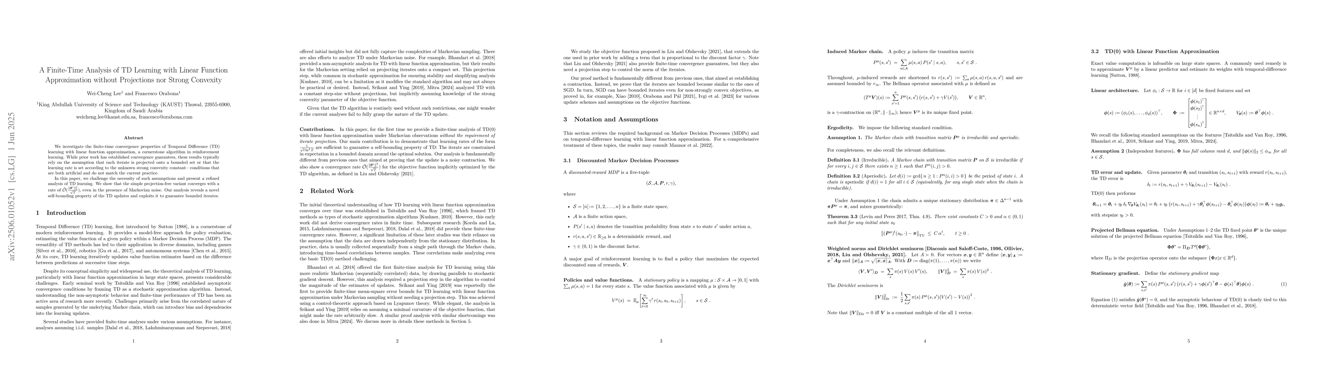 Thumbnail for A Finite-Time Analysis of TD Learning with Linear Function Approximation
  without Projections nor Strong Convexity