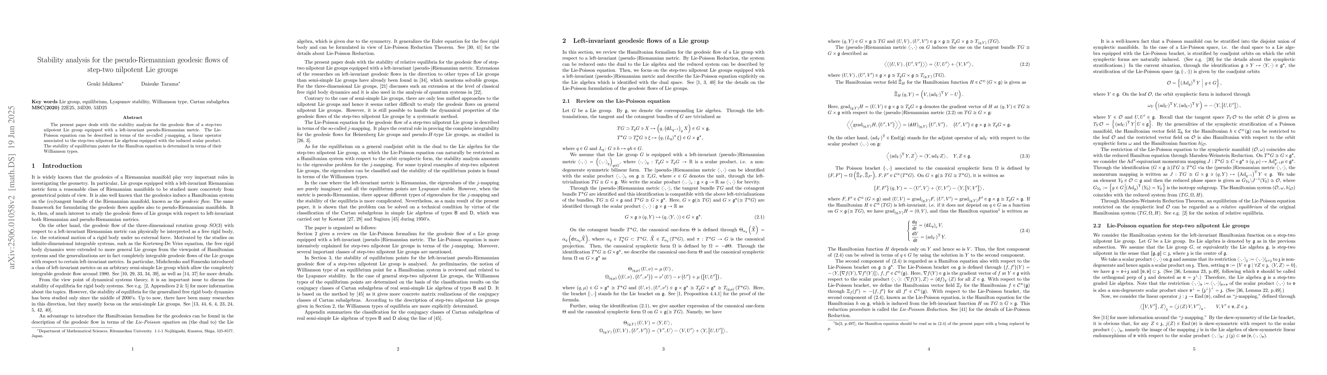 Thumbnail for Stability analysis for the pseudo-Riemannian geodesic flows of step-two
  nilpotent Lie groups